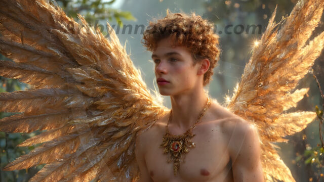 Holy Male Angels of the Elements, with Vibrant Wings. A magical, enchanted fantasy forest, bathed in soft, ethereal light. With towering ancient trees, live the angels of the elements. Stunningly handsome, beautiful, young angel men, who live on earth, deep in the forests. With huge vibrate feathered wings, enormous and shimmering with a radiant hue. The forest is alive with ancient magic.