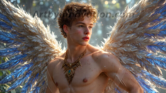 Holy Male Angels of the Elements, with Vibrant Wings. A magical, enchanted fantasy forest, bathed in soft, ethereal light. With towering ancient trees, live the angels of the elements. Stunningly handsome, beautiful, young angel men, who live on earth, deep in the forests. With huge vibrate feathered wings, enormous and shimmering with a radiant hue. The forest is alive with ancient magic.