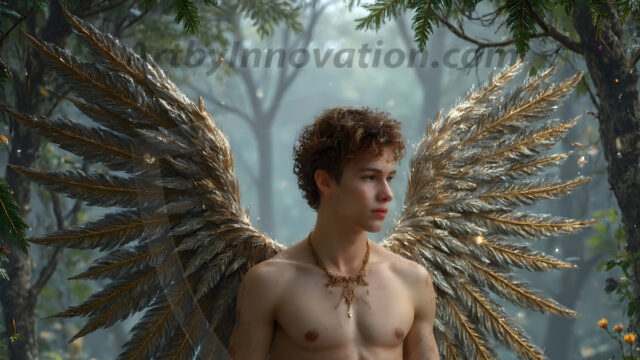 Holy Male Angels of the Elements, with Vibrant Wings. A magical, enchanted fantasy forest, bathed in soft, ethereal light. With towering ancient trees, live the angels of the elements. Stunningly handsome, beautiful, young angel men, who live on earth, deep in the forests. With huge vibrate feathered wings, enormous and shimmering with a radiant hue. The forest is alive with ancient magic.