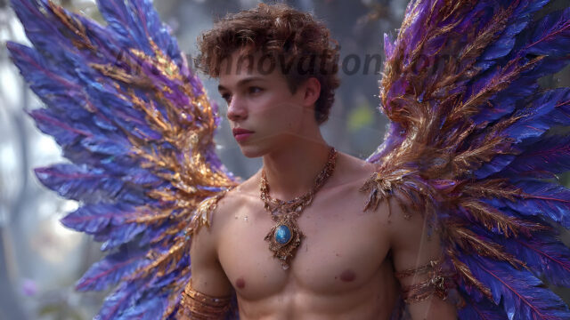Holy Male Angels of the Elements, with Vibrant Wings. A magical, enchanted fantasy forest, bathed in soft, ethereal light. With towering ancient trees, live the angels of the elements. Stunningly handsome, beautiful, young angel men, who live on earth, deep in the forests. With huge vibrate feathered wings, enormous and shimmering with a radiant hue. The forest is alive with ancient magic.