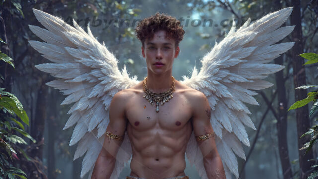 Holy Male Angels of the Elements, with Vibrant Wings. A magical, enchanted fantasy forest, bathed in soft, ethereal light. With towering ancient trees, live the angels of the elements. Stunningly handsome, beautiful, young angel men, who live on earth, deep in the forests. With huge vibrate feathered wings, enormous and shimmering with a radiant hue. The forest is alive with ancient magic.