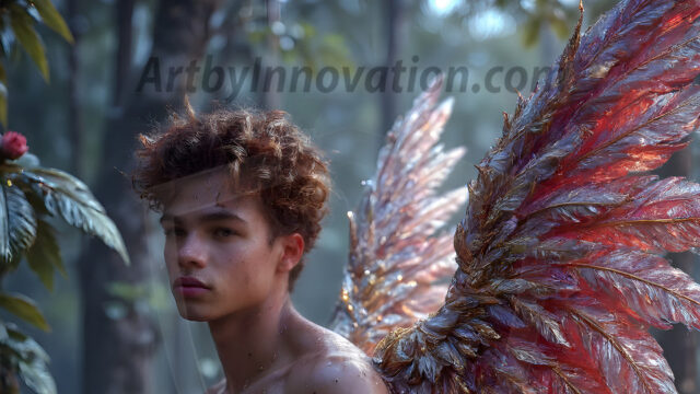 Holy Male Angels of the Elements, with Vibrant Wings. A magical, enchanted fantasy forest, bathed in soft, ethereal light. With towering ancient trees, live the angels of the elements. Stunningly handsome, beautiful, young angel men, who live on earth, deep in the forests. With huge vibrate feathered wings, enormous and shimmering with a radiant hue. The forest is alive with ancient magic.