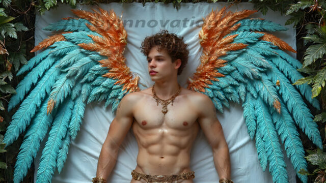 Holy Male Angels of the Elements, with Vibrant Wings. A magical, enchanted fantasy forest, bathed in soft, ethereal light. With towering ancient trees, live the angels of the elements. Stunningly handsome, beautiful, young angel men, who live on earth, deep in the forests. With huge vibrate feathered wings, enormous and shimmering with a radiant hue. The forest is alive with ancient magic.