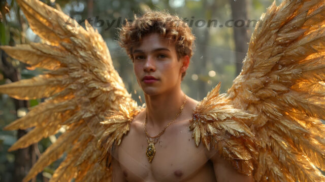 Holy Male Angels of the Elements, with Vibrant Wings. A magical, enchanted fantasy forest, bathed in soft, ethereal light. With towering ancient trees, live the angels of the elements. Stunningly handsome, beautiful, young angel men, who live on earth, deep in the forests. With huge vibrate feathered wings, enormous and shimmering with a radiant hue. The forest is alive with ancient magic.