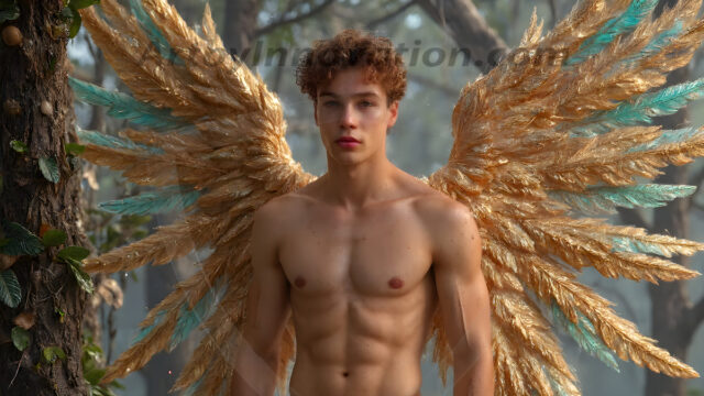 Holy Male Angels of the Elements, with Vibrant Wings. A magical, enchanted fantasy forest, bathed in soft, ethereal light. With towering ancient trees, live the angels of the elements. Stunningly handsome, beautiful, young angel men, who live on earth, deep in the forests. With huge vibrate feathered wings, enormous and shimmering with a radiant hue. The forest is alive with ancient magic.