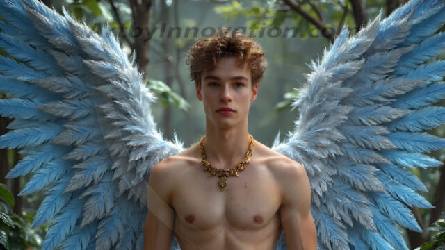 Holy Male Angels of the Elements, with Vibrant Wings. A magical, enchanted fantasy forest, bathed in soft, ethereal light. With towering ancient trees, live the angels of the elements. Stunningly handsome, beautiful, young angel men, who live on earth, deep in the forests. With huge vibrate feathered wings, enormous and shimmering with a radiant hue. The forest is alive with ancient magic.