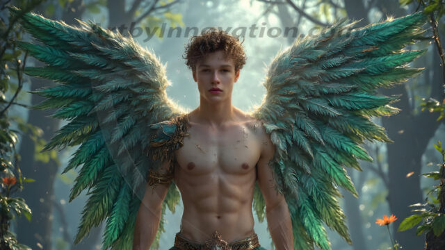 Holy Male Angels of the Elements, with Vibrant Wings. A magical, enchanted fantasy forest, bathed in soft, ethereal light. With towering ancient trees, live the angels of the elements. Stunningly handsome, beautiful, young angel men, who live on earth, deep in the forests. With huge vibrate feathered wings, enormous and shimmering with a radiant hue. The forest is alive with ancient magic.