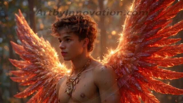 Holy Male Angels of the Elements, with Vibrant Wings. A magical, enchanted fantasy forest, bathed in soft, ethereal light. With towering ancient trees, live the angels of the elements. Stunningly handsome, beautiful, young angel men, who live on earth, deep in the forests. With huge vibrate feathered wings, enormous and shimmering with a radiant hue. The forest is alive with ancient magic.