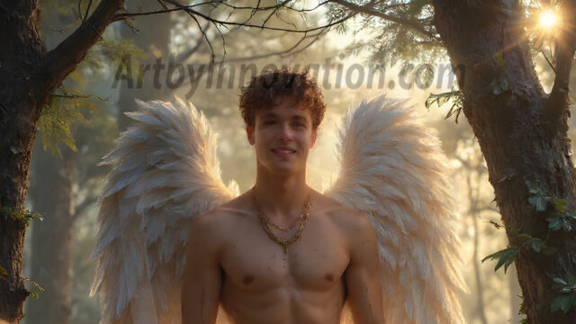 Holy Male Angels of the Elements, with Vibrant Wings. A magical, enchanted fantasy forest, bathed in soft, ethereal light. With towering ancient trees, live the angels of the elements. Stunningly handsome, beautiful, young angel men, who live on earth, deep in the forests. With huge vibrate feathered wings, enormous and shimmering with a radiant hue. The forest is alive with ancient magic.