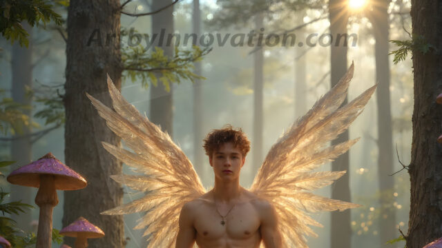 Holy Male Angels of the Elements, with Vibrant Wings. A magical, enchanted fantasy forest, bathed in soft, ethereal light. With towering ancient trees, live the angels of the elements. Stunningly handsome, beautiful, young angel men, who live on earth, deep in the forests. With huge vibrate feathered wings, enormous and shimmering with a radiant hue. The forest is alive with ancient magic.