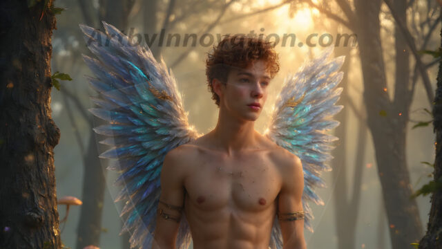 Holy Male Angels of the Elements, with Vibrant Wings. A magical, enchanted fantasy forest, bathed in soft, ethereal light. With towering ancient trees, live the angels of the elements. Stunningly handsome, beautiful, young angel men, who live on earth, deep in the forests. With huge vibrate feathered wings, enormous and shimmering with a radiant hue. The forest is alive with ancient magic.