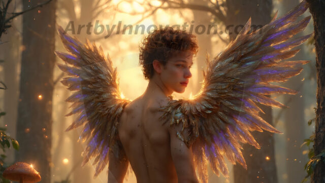 Holy Male Angels of the Elements, with Vibrant Wings. A magical, enchanted fantasy forest, bathed in soft, ethereal light. With towering ancient trees, live the angels of the elements. Stunningly handsome, beautiful, young angel men, who live on earth, deep in the forests. With huge vibrate feathered wings, enormous and shimmering with a radiant hue. The forest is alive with ancient magic.