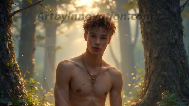 Holy Male Angels of the Elements, with Vibrant Wings. A magical, enchanted fantasy forest, bathed in soft, ethereal light. With towering ancient trees, live the angels of the elements. Stunningly handsome, beautiful, young angel men, who live on earth, deep in the forests. With huge vibrate feathered wings, enormous and shimmering with a radiant hue. The forest is alive with ancient magic.