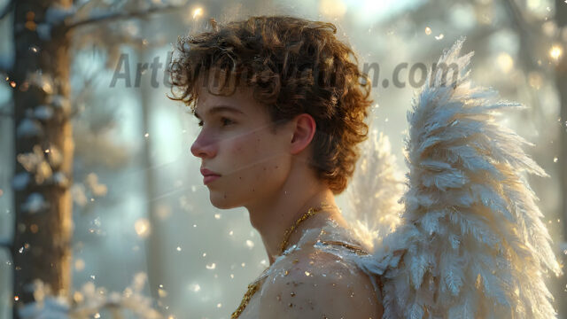 Holy Male Angels of the Elements, with Vibrant Wings. A magical, enchanted fantasy forest, bathed in soft, ethereal light. With towering ancient trees, live the angels of the elements. Stunningly handsome, beautiful, young angel men, who live on earth, deep in the forests. With huge vibrate feathered wings, enormous and shimmering with a radiant hue. The forest is alive with ancient magic.