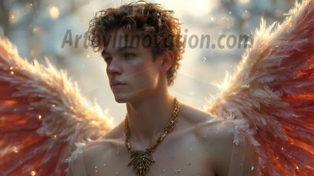 Holy Male Angels of the Elements, with Vibrant Wings. A magical, enchanted fantasy forest, bathed in soft, ethereal light. With towering ancient trees, live the angels of the elements. Stunningly handsome, beautiful, young angel men, who live on earth, deep in the forests. With huge vibrate feathered wings, enormous and shimmering with a radiant hue. The forest is alive with ancient magic.