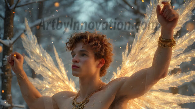 Holy Male Angels of the Elements, with Vibrant Wings. A magical, enchanted fantasy forest, bathed in soft, ethereal light. With towering ancient trees, live the angels of the elements. Stunningly handsome, beautiful, young angel men, who live on earth, deep in the forests. With huge vibrate feathered wings, enormous and shimmering with a radiant hue. The forest is alive with ancient magic.