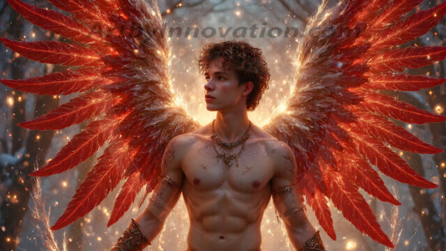 Holy Male Angels of the Elements, with Vibrant Wings. A magical, enchanted fantasy forest, bathed in soft, ethereal light. With towering ancient trees, live the angels of the elements. Stunningly handsome, beautiful, young angel men, who live on earth, deep in the forests. With huge vibrate feathered wings, enormous and shimmering with a radiant hue. The forest is alive with ancient magic.