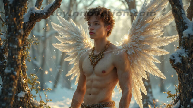 Holy Male Angels of the Elements, with Vibrant Wings. A magical, enchanted fantasy forest, bathed in soft, ethereal light. With towering ancient trees, live the angels of the elements. Stunningly handsome, beautiful, young angel men, who live on earth, deep in the forests. With huge vibrate feathered wings, enormous and shimmering with a radiant hue. The forest is alive with ancient magic.
