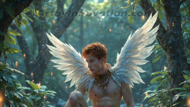 Holy Male Angels of the Elements, with Vibrant Wings. A magical, enchanted fantasy forest, bathed in soft, ethereal light. With towering ancient trees, live the angels of the elements. Stunningly handsome, beautiful, young angel men, who live on earth, deep in the forests. With huge vibrate feathered wings, enormous and shimmering with a radiant hue. The forest is alive with ancient magic.