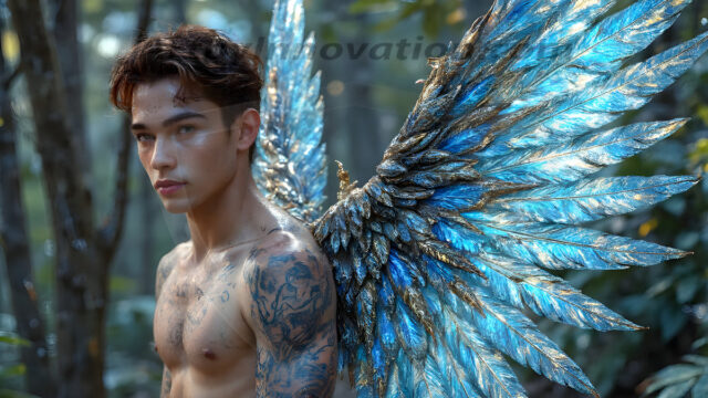 Holy Male Angels of the Elements, with Vibrant Wings. A magical, enchanted fantasy forest, bathed in soft, ethereal light. With towering ancient trees, live the angels of the elements. Stunningly handsome, beautiful, young angel men, who live on earth, deep in the forests. With huge vibrate feathered wings, enormous and shimmering with a radiant hue. The forest is alive with ancient magic.