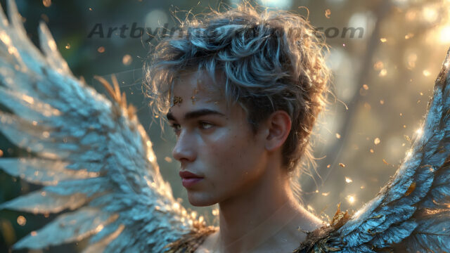 Holy Male Angels of the Elements, with Vibrant Wings. A magical, enchanted fantasy forest, bathed in soft, ethereal light. With towering ancient trees, live the angels of the elements. Stunningly handsome, beautiful, young angel men, who live on earth, deep in the forests. With huge vibrate feathered wings, enormous and shimmering with a radiant hue. The forest is alive with ancient magic.