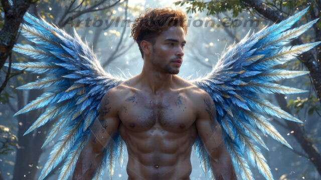 Holy Male Angels of the Elements, with Vibrant Wings. A magical, enchanted fantasy forest, bathed in soft, ethereal light. With towering ancient trees, live the angels of the elements. Stunningly handsome, beautiful, young angel men, who live on earth, deep in the forests. With huge vibrate feathered wings, enormous and shimmering with a radiant hue. The forest is alive with ancient magic.