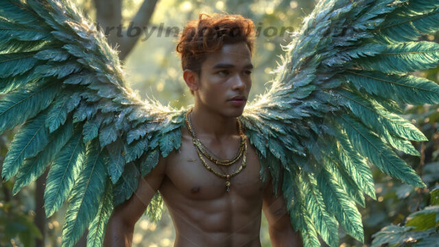Holy Male Angels of the Elements, with Vibrant Wings. A magical, enchanted fantasy forest, bathed in soft, ethereal light. With towering ancient trees, live the angels of the elements. Stunningly handsome, beautiful, young angel men, who live on earth, deep in the forests. With huge vibrate feathered wings, enormous and shimmering with a radiant hue. The forest is alive with ancient magic.