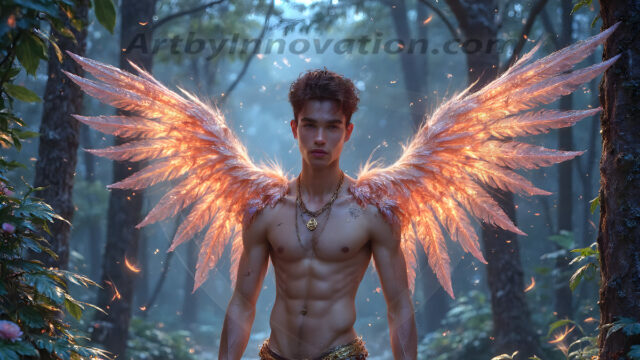 Holy Male Angels of the Elements, with Vibrant Wings. A magical, enchanted fantasy forest, bathed in soft, ethereal light. With towering ancient trees, live the angels of the elements. Stunningly handsome, beautiful, young angel men, who live on earth, deep in the forests. With huge vibrate feathered wings, enormous and shimmering with a radiant hue. The forest is alive with ancient magic.