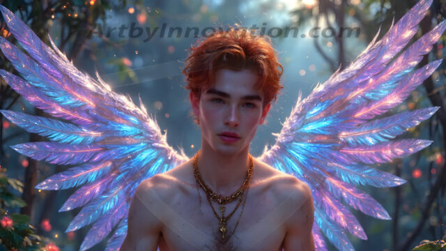 Holy Male Angels of the Elements, with Vibrant Wings. A magical, enchanted fantasy forest, bathed in soft, ethereal light. With towering ancient trees, live the angels of the elements. Stunningly handsome, beautiful, young angel men, who live on earth, deep in the forests. With huge vibrate feathered wings, enormous and shimmering with a radiant hue. The forest is alive with ancient magic.