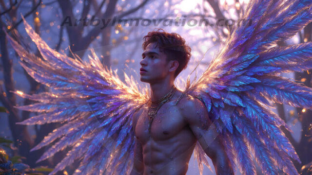 Holy Male Angels of the Elements, with Vibrant Wings. A magical, enchanted fantasy forest, bathed in soft, ethereal light. With towering ancient trees, live the angels of the elements. Stunningly handsome, beautiful, young angel men, who live on earth, deep in the forests. With huge vibrate feathered wings, enormous and shimmering with a radiant hue. The forest is alive with ancient magic.