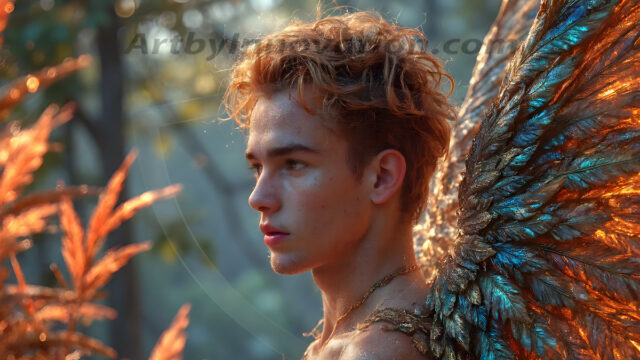 Holy Male Angels of the Elements, with Vibrant Wings. A magical, enchanted fantasy forest, bathed in soft, ethereal light. With towering ancient trees, live the angels of the elements. Stunningly handsome, beautiful, young angel men, who live on earth, deep in the forests. With huge vibrate feathered wings, enormous and shimmering with a radiant hue. The forest is alive with ancient magic.