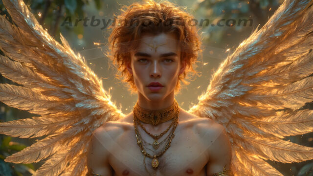 Holy Male Angels of the Elements, with Vibrant Wings. A magical, enchanted fantasy forest, bathed in soft, ethereal light. With towering ancient trees, live the angels of the elements. Stunningly handsome, beautiful, young angel men, who live on earth, deep in the forests. With huge vibrate feathered wings, enormous and shimmering with a radiant hue. The forest is alive with ancient magic.