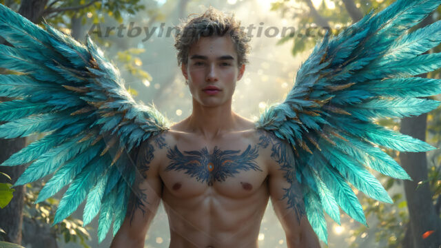 Holy Male Angels of the Elements, with Vibrant Wings. A magical, enchanted fantasy forest, bathed in soft, ethereal light. With towering ancient trees, live the angels of the elements. Stunningly handsome, beautiful, young angel men, who live on earth, deep in the forests. With huge vibrate feathered wings, enormous and shimmering with a radiant hue. The forest is alive with ancient magic.