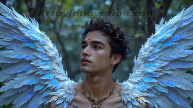 Holy Male Angels of the Elements, with Vibrant Wings. A magical, enchanted fantasy forest, bathed in soft, ethereal light. With towering ancient trees, live the angels of the elements. Stunningly handsome, beautiful, young angel men, who live on earth, deep in the forests. With huge vibrate feathered wings, enormous and shimmering with a radiant hue. The forest is alive with ancient magic.