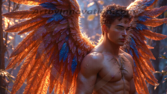 Holy Male Angels of the Elements, with Vibrant Wings. A magical, enchanted fantasy forest, bathed in soft, ethereal light. With towering ancient trees, live the angels of the elements. Stunningly handsome, beautiful, young angel men, who live on earth, deep in the forests. With huge vibrate feathered wings, enormous and shimmering with a radiant hue. The forest is alive with ancient magic.