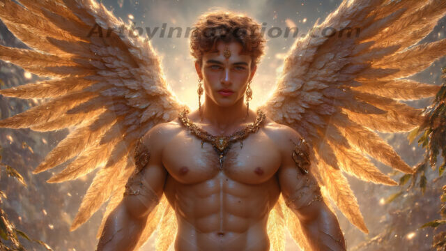 Holy Male Angels of the Elements, with Vibrant Wings. A magical, enchanted fantasy forest, bathed in soft, ethereal light. With towering ancient trees, live the angels of the elements. Stunningly handsome, beautiful, young angel men, who live on earth, deep in the forests. With huge vibrate feathered wings, enormous and shimmering with a radiant hue. The forest is alive with ancient magic.