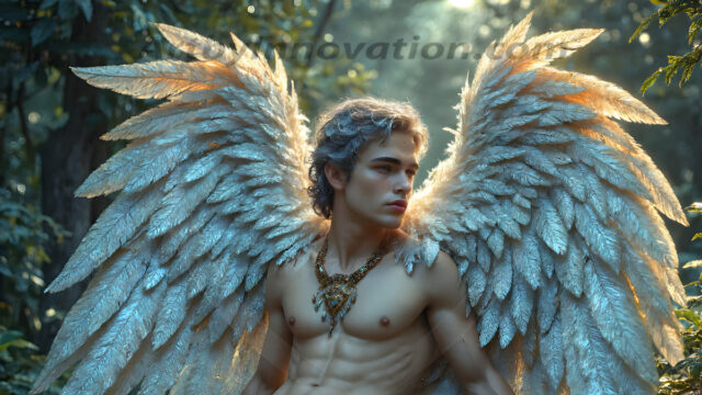 Holy Male Angels of the Elements, with Vibrant Wings. A magical, enchanted fantasy forest, bathed in soft, ethereal light. With towering ancient trees, live the angels of the elements. Stunningly handsome, beautiful, young angel men, who live on earth, deep in the forests. With huge vibrate feathered wings, enormous and shimmering with a radiant hue. The forest is alive with ancient magic.