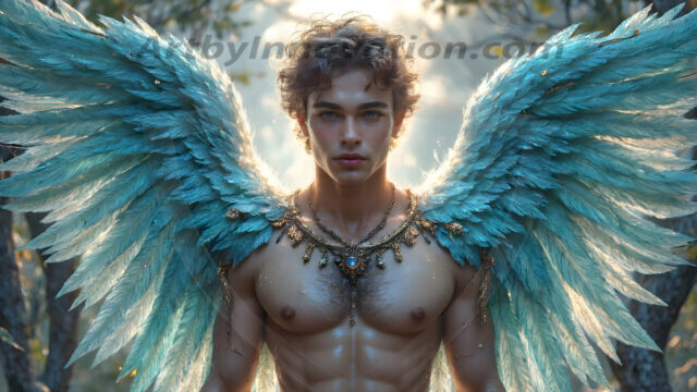 Holy Male Angels of the Elements, with Vibrant Wings. A magical, enchanted fantasy forest, bathed in soft, ethereal light. With towering ancient trees, live the angels of the elements. Stunningly handsome, beautiful, young angel men, who live on earth, deep in the forests. With huge vibrate feathered wings, enormous and shimmering with a radiant hue. The forest is alive with ancient magic.