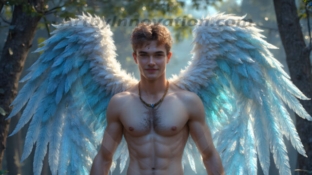 Holy Male Angels of the Elements, with Vibrant Wings. A magical, enchanted fantasy forest, bathed in soft, ethereal light. With towering ancient trees, live the angels of the elements. Stunningly handsome, beautiful, young angel men, who live on earth, deep in the forests. With huge vibrate feathered wings, enormous and shimmering with a radiant hue. The forest is alive with ancient magic.