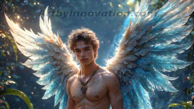 Holy Male Angels of the Elements, with Vibrant Wings. A magical, enchanted fantasy forest, bathed in soft, ethereal light. With towering ancient trees, live the angels of the elements. Stunningly handsome, beautiful, young angel men, who live on earth, deep in the forests. With huge vibrate feathered wings, enormous and shimmering with a radiant hue. The forest is alive with ancient magic.