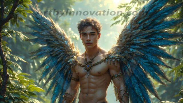 Holy Male Angels of the Elements, with Vibrant Wings. A magical, enchanted fantasy forest, bathed in soft, ethereal light. With towering ancient trees, live the angels of the elements. Stunningly handsome, beautiful, young angel men, who live on earth, deep in the forests. With huge vibrate feathered wings, enormous and shimmering with a radiant hue. The forest is alive with ancient magic.