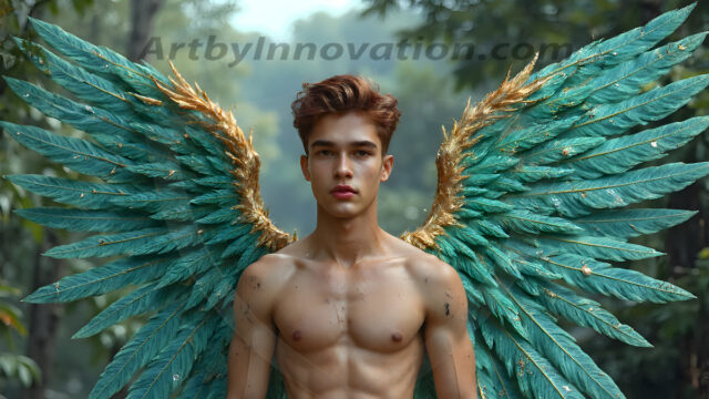 Holy Male Angels of the Elements, with Vibrant Wings. A magical, enchanted fantasy forest, bathed in soft, ethereal light. With towering ancient trees, live the angels of the elements. Stunningly handsome, beautiful, young angel men, who live on earth, deep in the forests. With huge vibrate feathered wings, enormous and shimmering with a radiant hue. The forest is alive with ancient magic.
