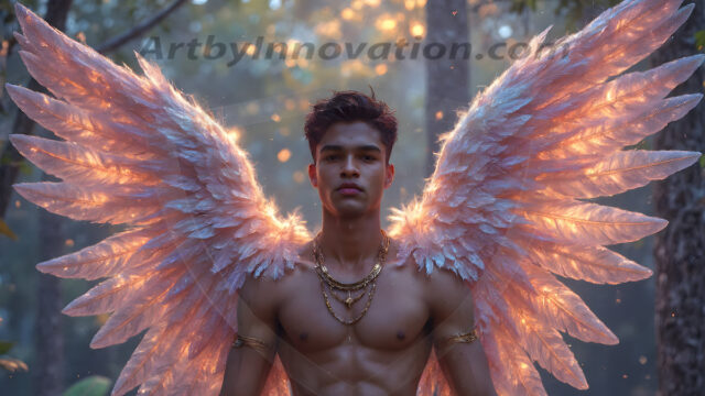 Holy Male Angels of the Elements, with Vibrant Wings. A magical, enchanted fantasy forest, bathed in soft, ethereal light. With towering ancient trees, live the angels of the elements. Stunningly handsome, beautiful, young angel men, who live on earth, deep in the forests. With huge vibrate feathered wings, enormous and shimmering with a radiant hue. The forest is alive with ancient magic.