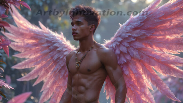 Holy Male Angels of the Elements, with Vibrant Wings. A magical, enchanted fantasy forest, bathed in soft, ethereal light. With towering ancient trees, live the angels of the elements. Stunningly handsome, beautiful, young angel men, who live on earth, deep in the forests. With huge vibrate feathered wings, enormous and shimmering with a radiant hue. The forest is alive with ancient magic.
