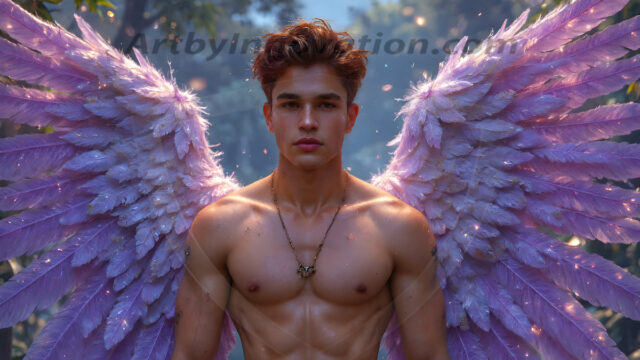 Holy Male Angels of the Elements, with Vibrant Wings. A magical, enchanted fantasy forest, bathed in soft, ethereal light. With towering ancient trees, live the angels of the elements. Stunningly handsome, beautiful, young angel men, who live on earth, deep in the forests. With huge vibrate feathered wings, enormous and shimmering with a radiant hue. The forest is alive with ancient magic.