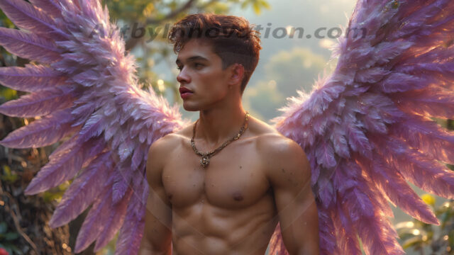 Holy Male Angels of the Elements, with Vibrant Wings. A magical, enchanted fantasy forest, bathed in soft, ethereal light. With towering ancient trees, live the angels of the elements. Stunningly handsome, beautiful, young angel men, who live on earth, deep in the forests. With huge vibrate feathered wings, enormous and shimmering with a radiant hue. The forest is alive with ancient magic.