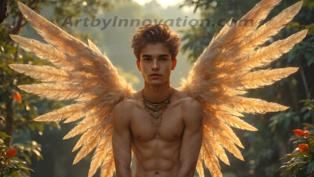Holy Male Angels of the Elements, with Vibrant Wings. A magical, enchanted fantasy forest, bathed in soft, ethereal light. With towering ancient trees, live the angels of the elements. Stunningly handsome, beautiful, young angel men, who live on earth, deep in the forests. With huge vibrate feathered wings, enormous and shimmering with a radiant hue. The forest is alive with ancient magic.