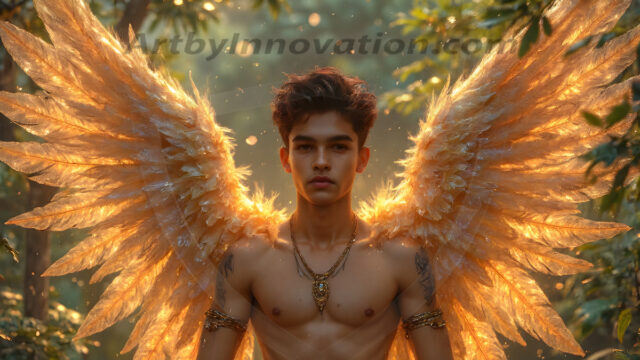 Holy Male Angels of the Elements, with Vibrant Wings. A magical, enchanted fantasy forest, bathed in soft, ethereal light. With towering ancient trees, live the angels of the elements. Stunningly handsome, beautiful, young angel men, who live on earth, deep in the forests. With huge vibrate feathered wings, enormous and shimmering with a radiant hue. The forest is alive with ancient magic.