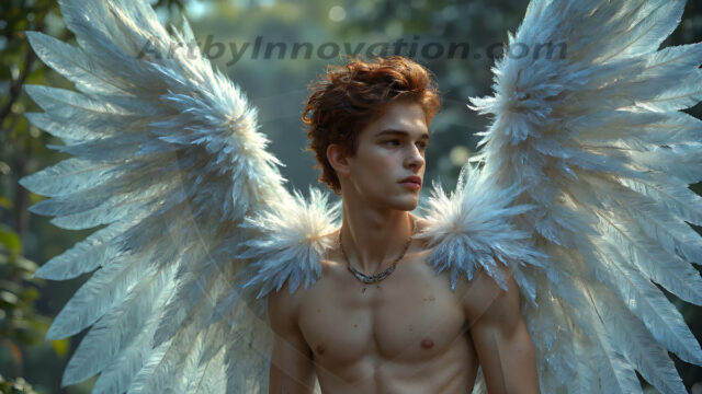 Holy Male Angels of the Elements, with Vibrant Wings. A magical, enchanted fantasy forest, bathed in soft, ethereal light. With towering ancient trees, live the angels of the elements. Stunningly handsome, beautiful, young angel men, who live on earth, deep in the forests. With huge vibrate feathered wings, enormous and shimmering with a radiant hue. The forest is alive with ancient magic.