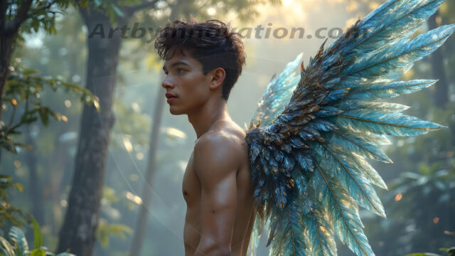 Holy Male Angels of the Elements, with Vibrant Wings. A magical, enchanted fantasy forest, bathed in soft, ethereal light. With towering ancient trees, live the angels of the elements. Stunningly handsome, beautiful, young angel men, who live on earth, deep in the forests. With huge vibrate feathered wings, enormous and shimmering with a radiant hue. The forest is alive with ancient magic.